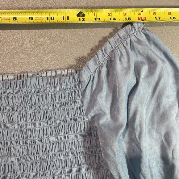 CANDIES Blouse Smocked Long Sleeve Off Shoulder Shimmer Top Womens L Light Blue - Picture 4 of 12